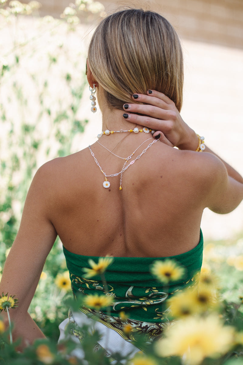 Yellow Daisy Paper Clip Chain Necklace Sterling Silver