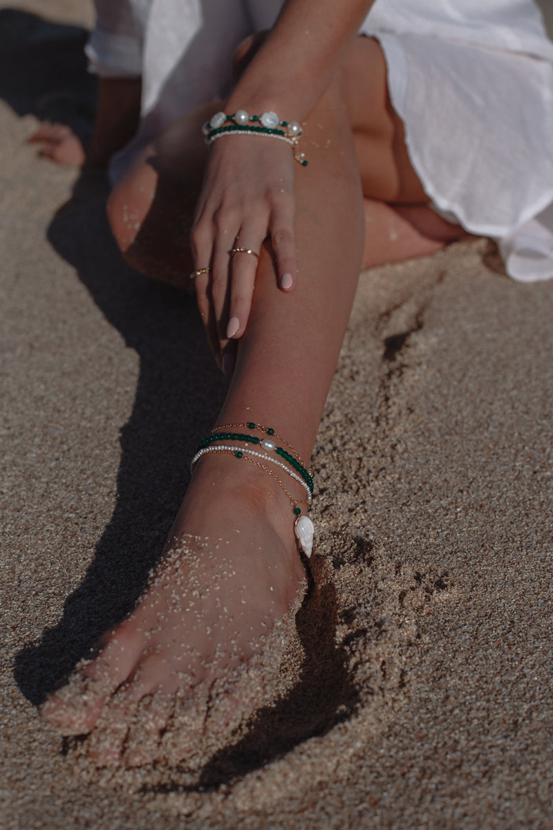 Green Agate and Pearl Anklet Gold Fill