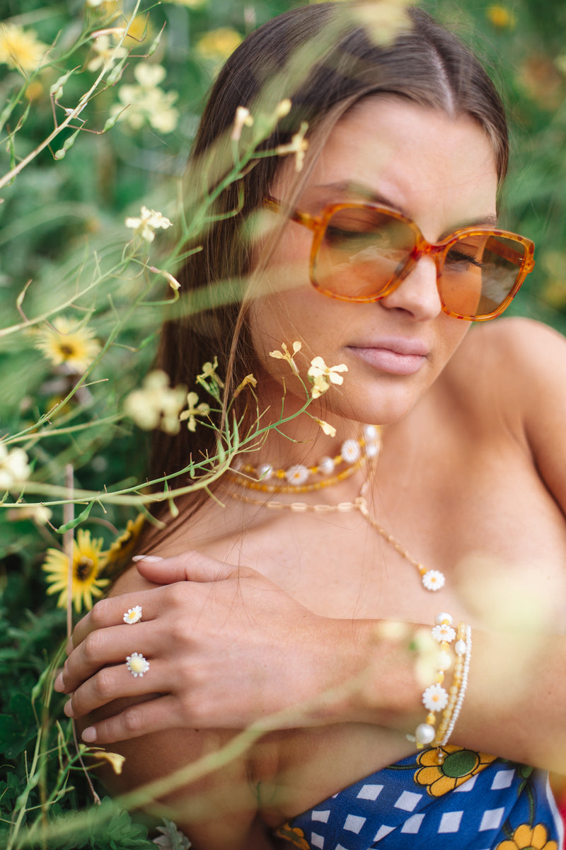 Yellow Daisy Paper Clip Chain Necklace Gold Fill