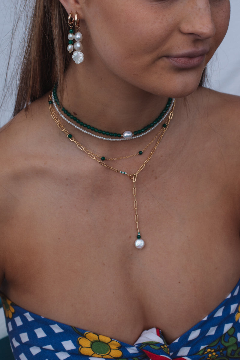 Round Pearl and Green Agate Paper Clip Chain Necklace Gold Fill