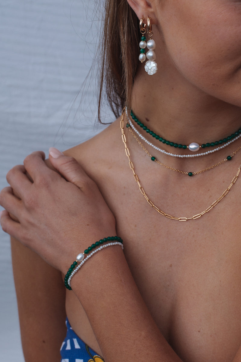 Round Pearl and Green Agate Paper Clip Chain Necklace Gold Fill