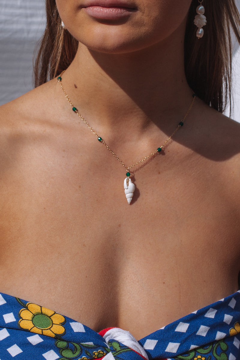 Green Agate Cone Shell Necklace Gold Fill