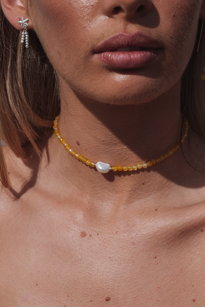 Yellow Agate and Pearl Choker Sterling Silver