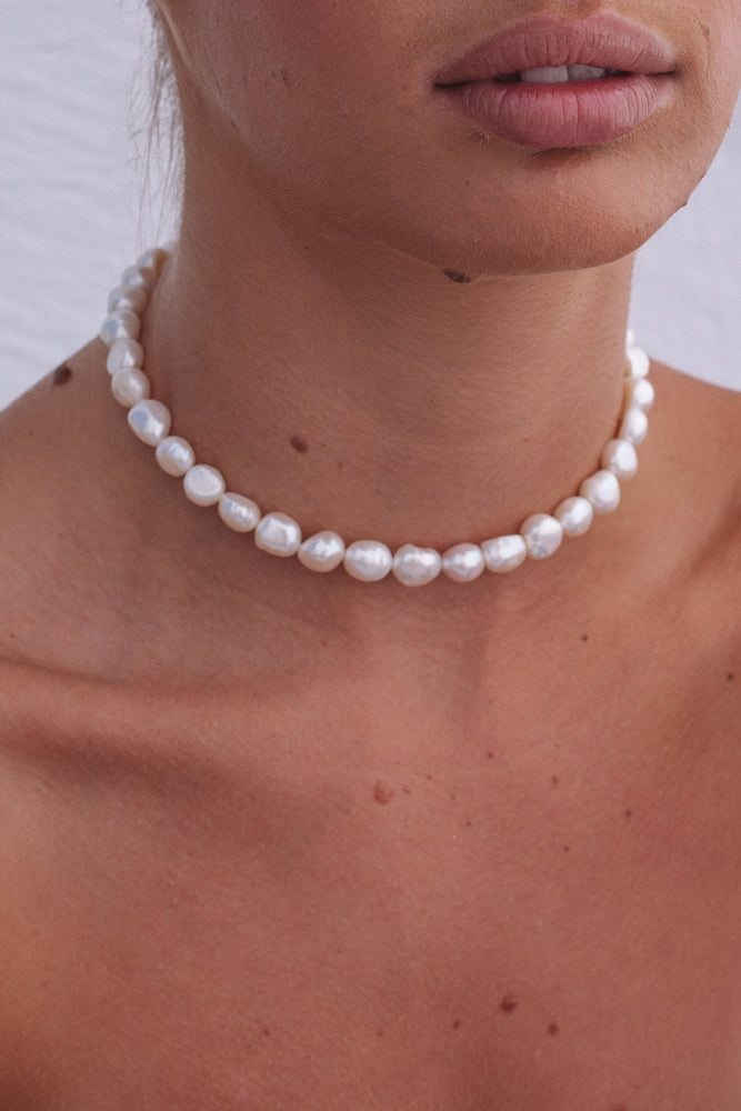 Chunky Pearl Bead Necklace - Sterling Silver