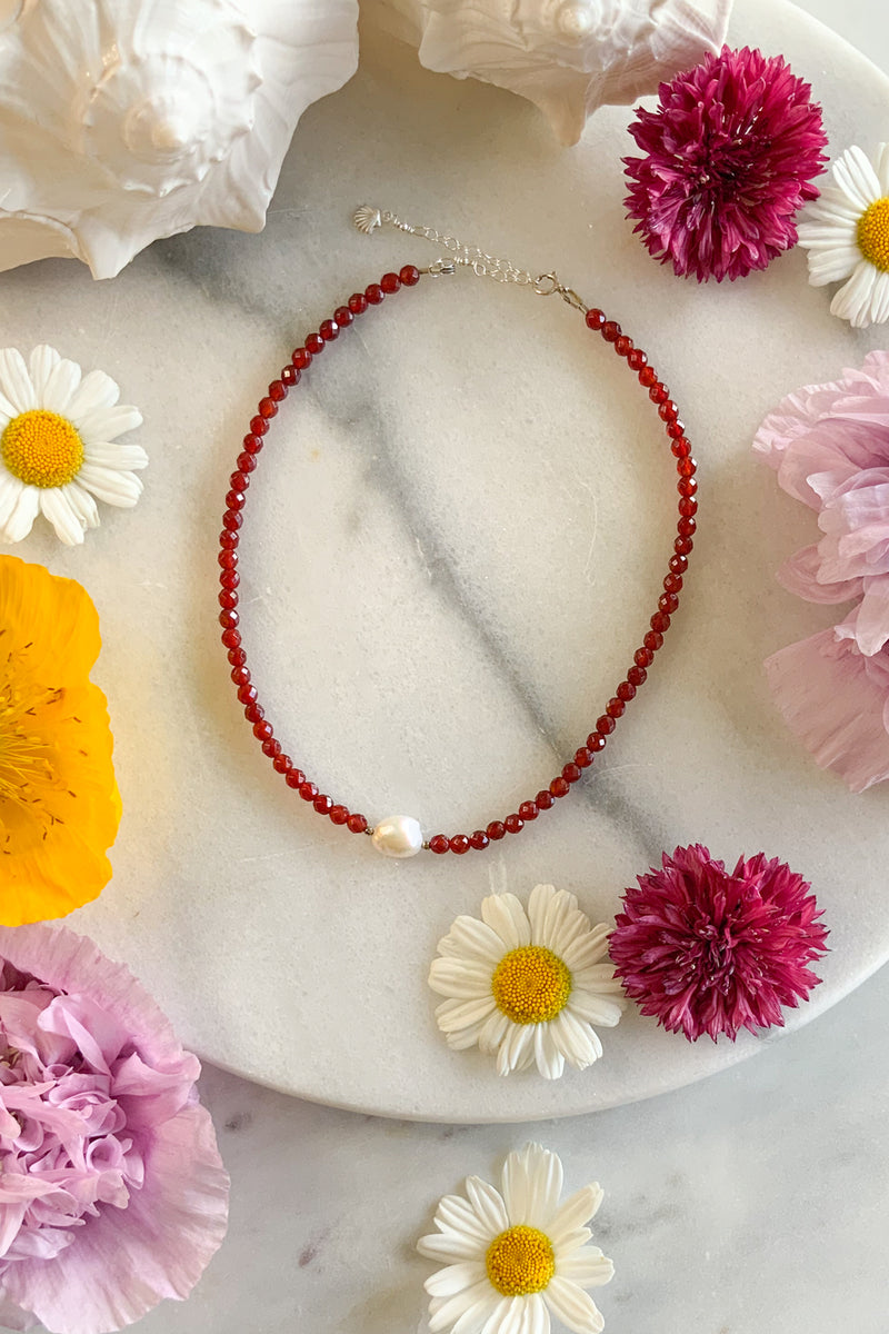 Red Agate & Pearl Choker- Sterling SIlver