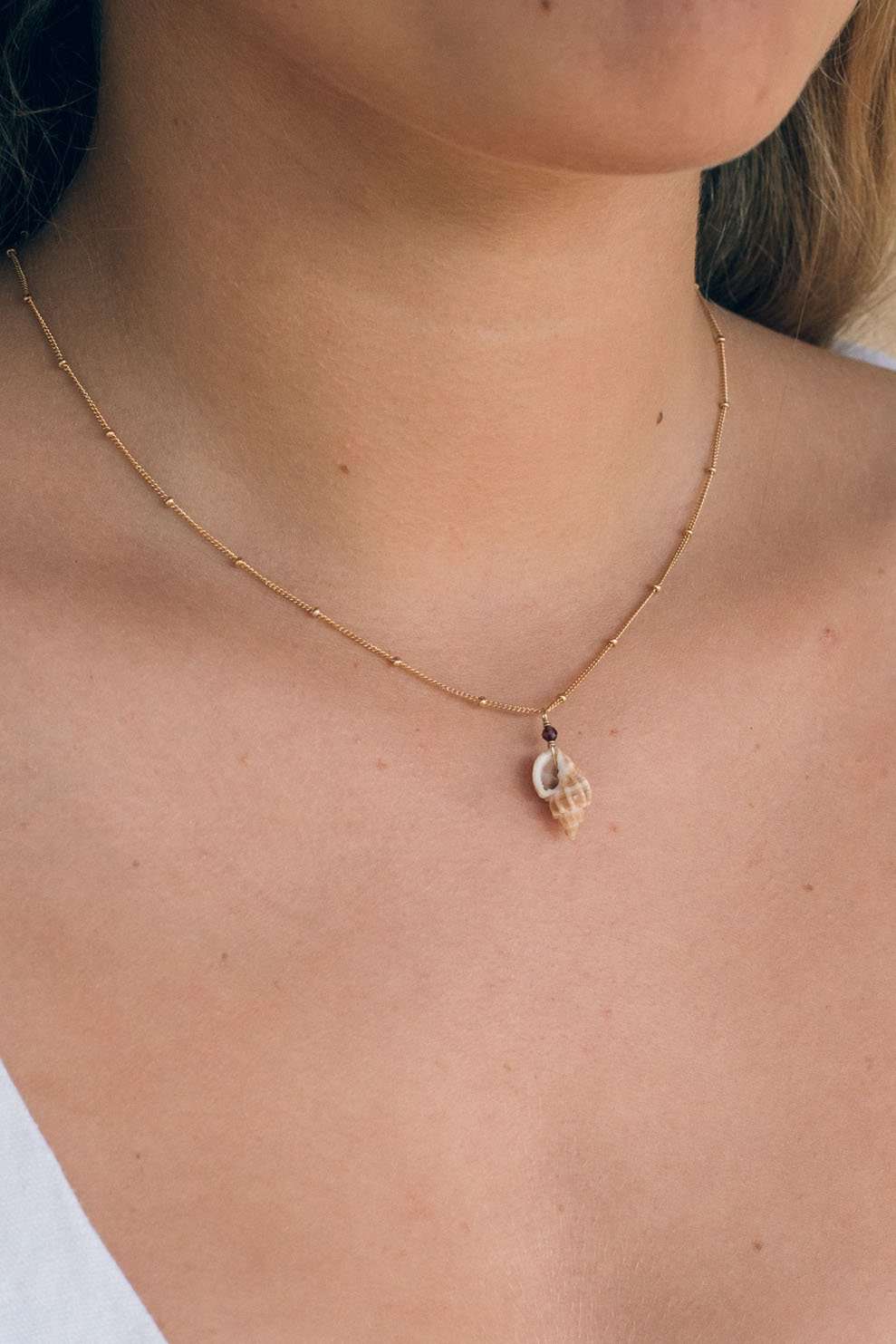 Gold Fill Cone Shell Satellite Necklace, Necklace with Garnet by Lunarsea Designs