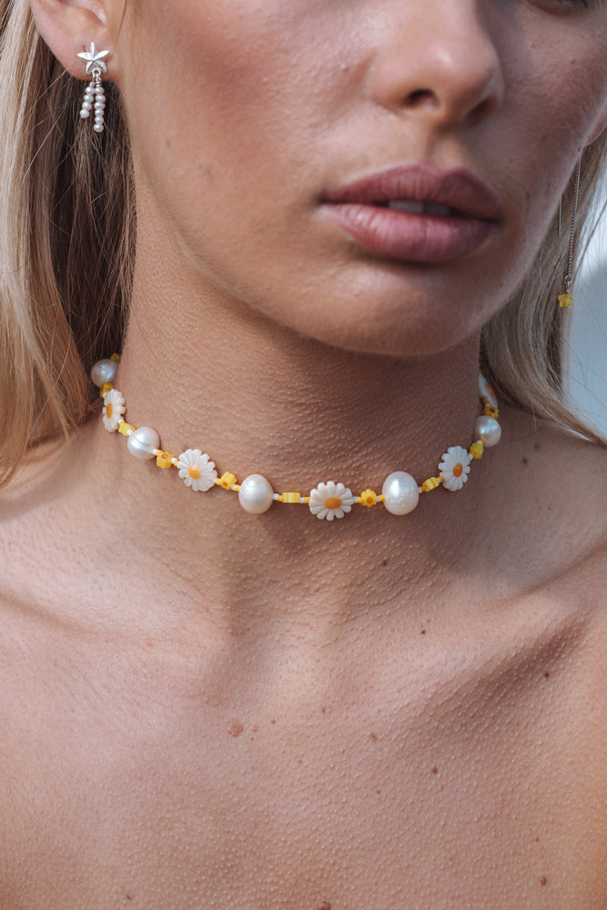 Daisy and Pearl Bead Choker - Sterling Silver