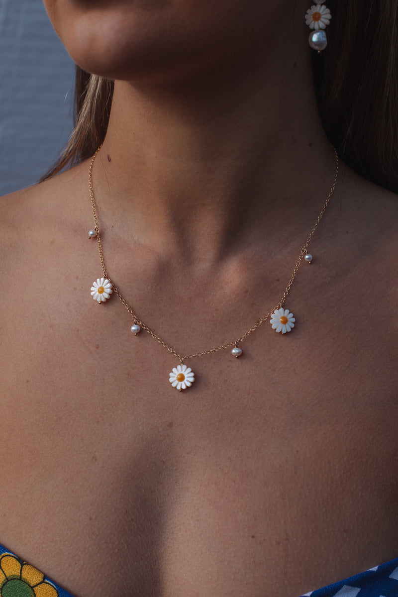 Pearl and Daisy Charm Necklace Gold Fill