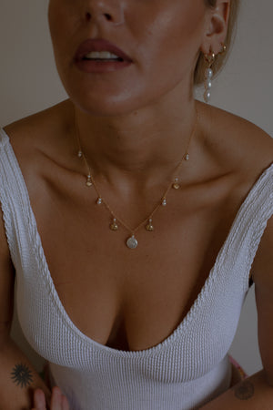 Round Pearl Sun and Shell Necklace - Gold Fill