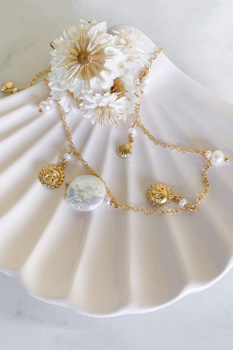 Round Pearl Sun and Shell Necklace - Gold Fill