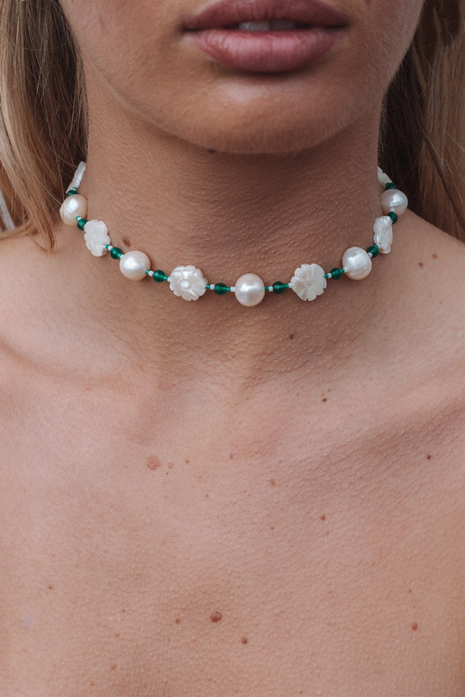 White Flower and Pearl Green Agate Choker - Sterling Silver
