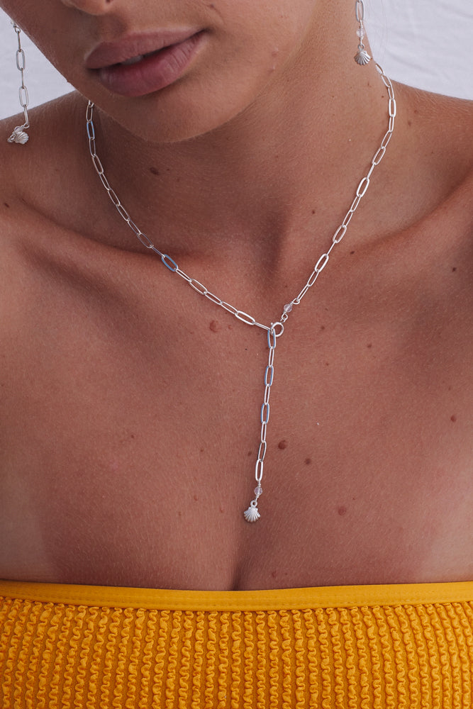 Paper Clip Chain Clear Quartz Necklace - Sterling Silver