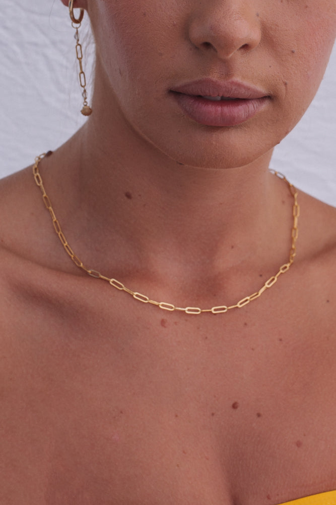 Paper Clip Chain Clear Quartz Necklace - Gold Fill