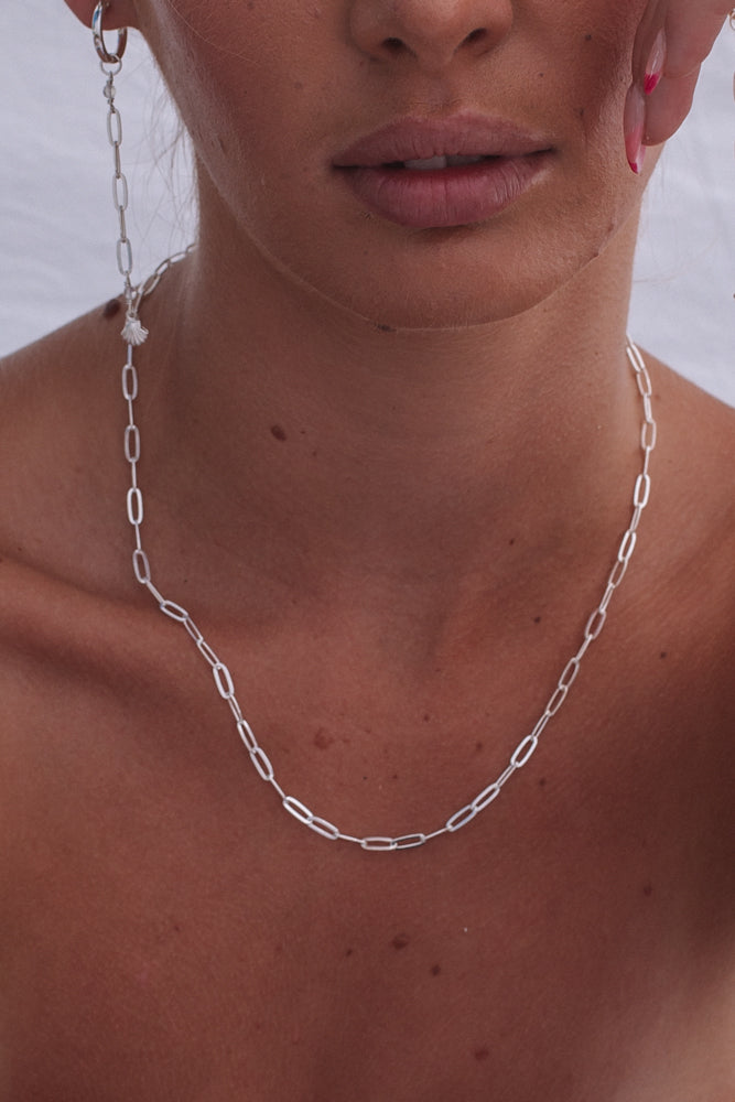 Paper Clip Chain Clear Quartz Necklace - Sterling Silver