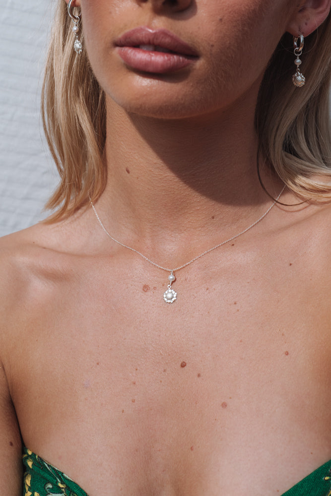 Sunflower Pearl Necklace Sterling Silver