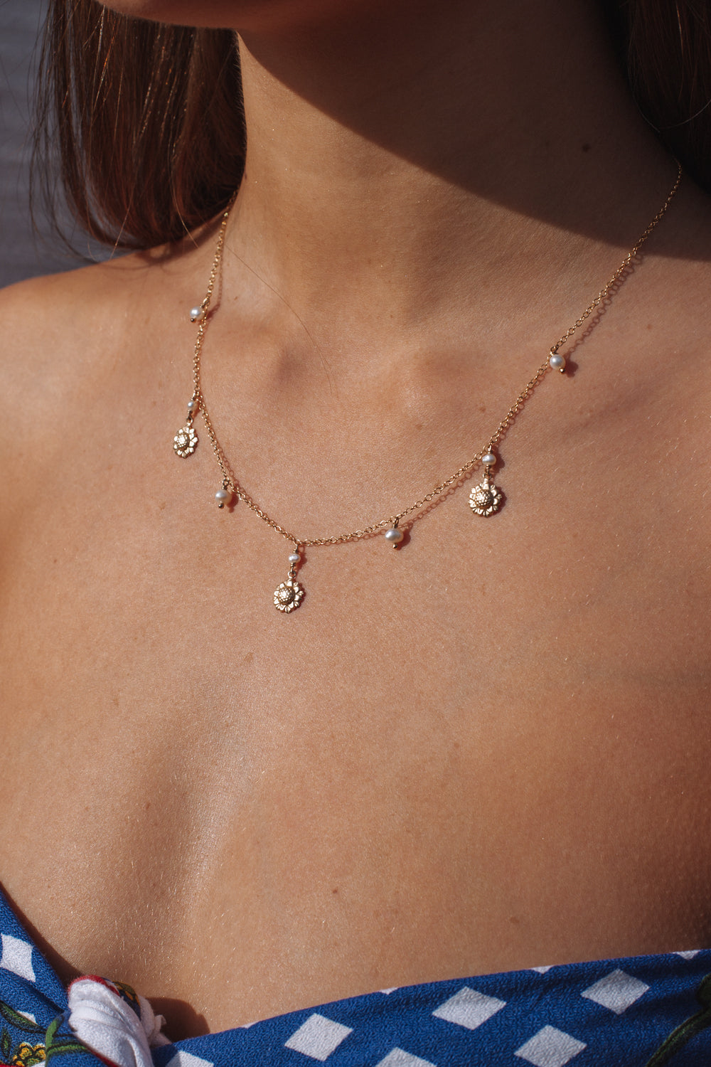 Sunflower and Pearl Charm Necklace Gold Fill