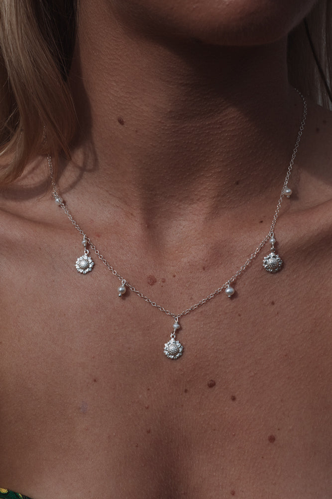 Sunflower and Pearl Charm Necklace Sterling Silver
