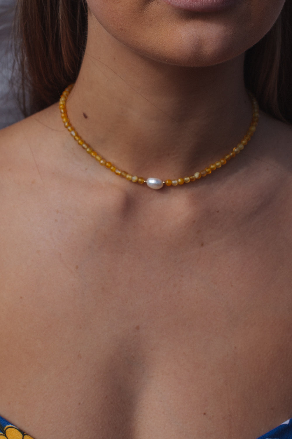 Yellow Agate and Pearl Choker Gold Fill