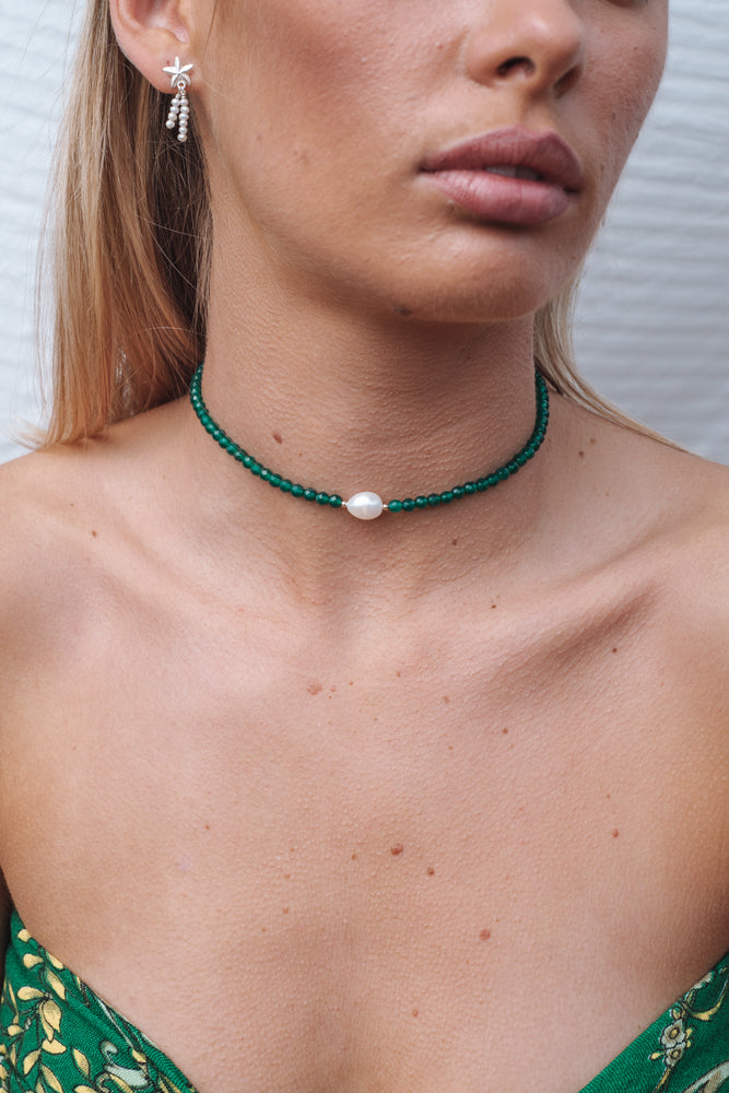 Green Agate and Pearl Choker Sterling Silver