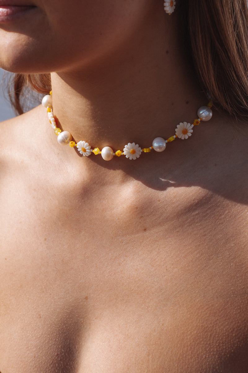 Daisy and Pearl Bead Choker - Gold Fill