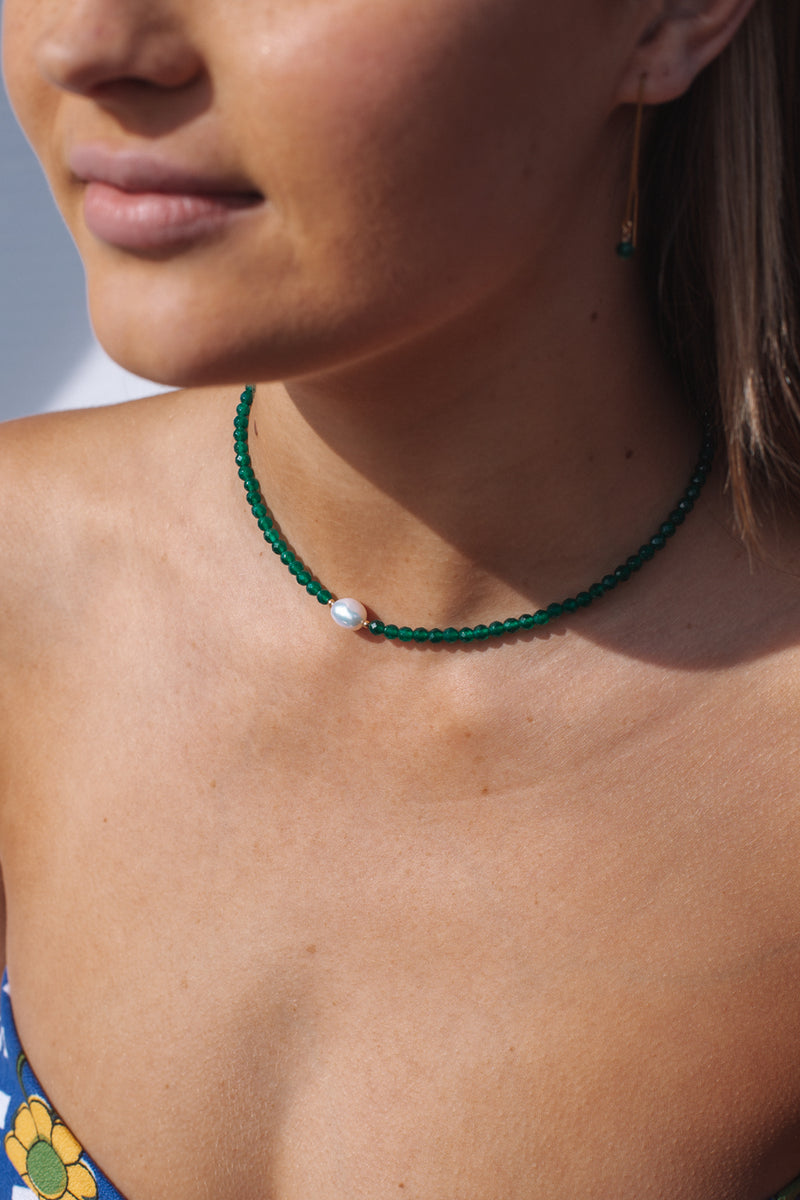 Green Agate and Pearl Choker Gold Fill